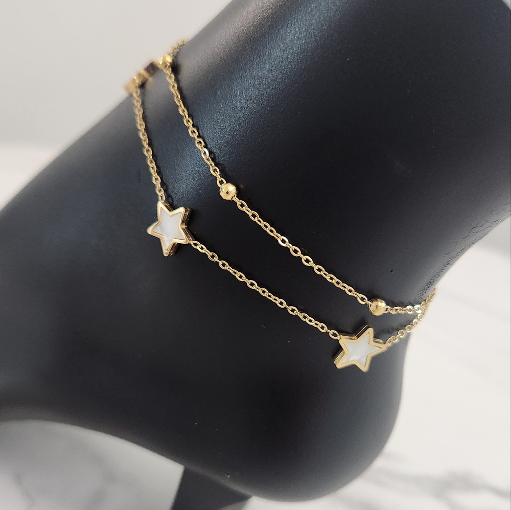 Gold Plated Double Layer Star Anklet Stainless Steel Dainty Bead Chain - Picture 5 of 12